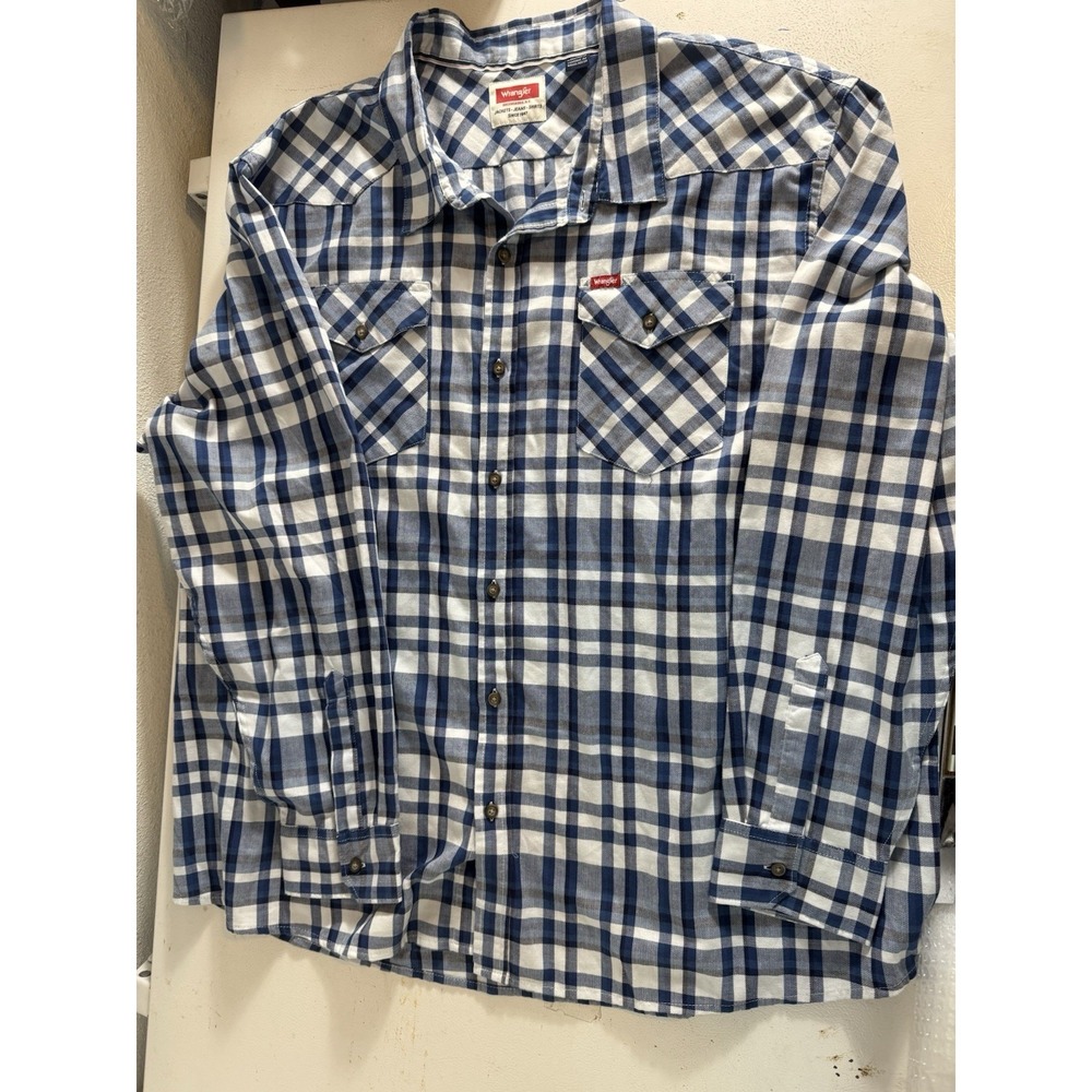 Wrangler Western Shirt‎ Men's 3XL Plaid Blue White Cowboy Rancher Long Sleeve